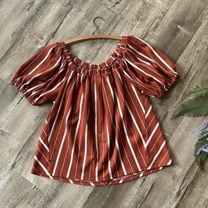 Anthropologie Swing Off The Shoulder terracotta and cream textured Striped Top